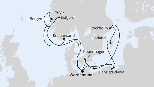 Routenverlauf für Skandinavien & Polen ab Warnemünde mit AIDAdiva am 03.08.24