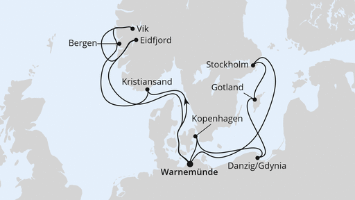 Routenverlauf für Skandinavien & Polen ab Warnemünde mit AIDAdiva am 05.10.24 Routenverlauf für Skandinavien & Polen ab Warnemünde mit AIDAdiva am 05.10.24