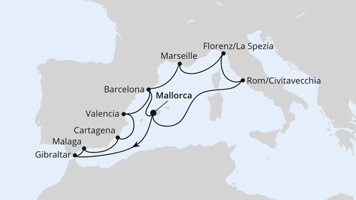 Routenverlauf für Große Mittelmeer-Reise ab Mallorca mit AIDAdiva am 19.01.25 Routenverlauf für Große Mittelmeer-Reise ab Mallorca mit AIDAdiva am 19.01.25