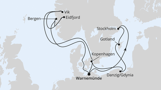 Routenverlauf für Highlights der Nord- und Ostseeküste 1 mit AIDAdiva am 19.07.25