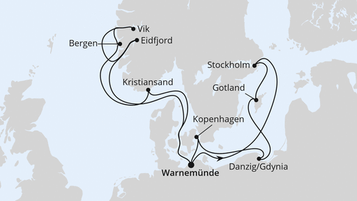 Routenverlauf für Highlights der Nord- und Ostseeküste 1 mit AIDAdiva am 11.10.25