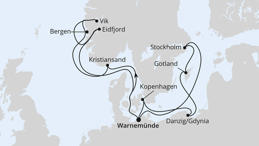Routenverlauf für Highlights der Nord- und Ostseeküste 1 mit AIDAdiva am 18.10.25