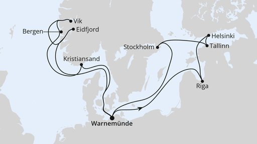 Routenverlauf für Highlights der Nord- und Ostseeküste 2 mit AIDAdiva am 02.05.26