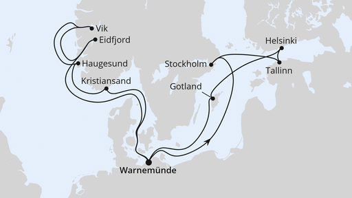 Routenverlauf für Highlights der Nord- und Ostseeküste 2 mit AIDAdiva am 16.05.26