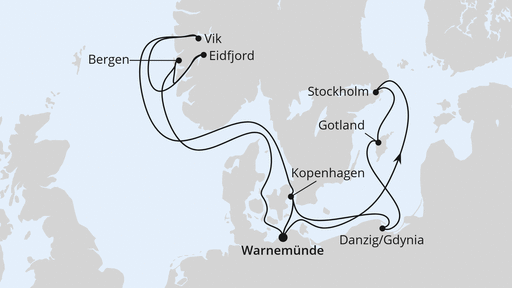 Routenverlauf für Highlights der Nord- und Ostseeküste 1 mit AIDAdiva am 11.07.26