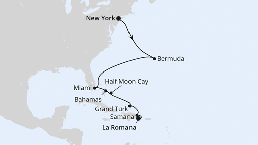 Routenverlauf für Florida, Bahamas & Karibik ab New York mit AIDAdiva am 31.10.26