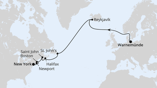 Routenverlauf für Transatlantik von Warnemünde nach New York mit AIDAdiva am 25.08.26 Routenverlauf für Transatlantik von Warnemünde nach New York mit AIDAdiva am 25.08.26