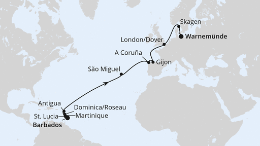Routenverlauf für Von Barbados nach Warnemünde mit AIDAdiva am 28.02.27 Routenverlauf für Von Barbados nach Warnemünde mit AIDAdiva am 28.02.27