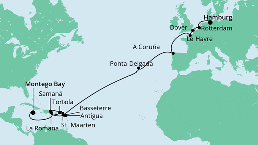 Routenverlauf für Von Jamaika nach Hamburg 3 mit AIDAdiva am 15.03.20 Routenverlauf für Von Jamaika nach Hamburg 3 mit AIDAdiva am 15.03.20