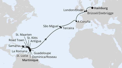 Routenverlauf für Von Martinique nach Hamburg mit AIDAdiva am 25.02.24