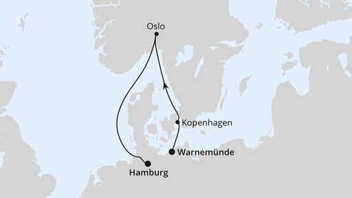 Routenverlauf für Kurzreise nach Oslo & Kopenhagen ab Warnemünde mit AIDAluna am 03.11.26 Routenverlauf für Kurzreise nach Oslo & Kopenhagen ab Warnemünde mit AIDAluna am 03.11.26
