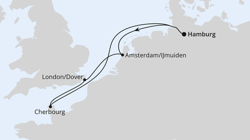 Routenverlauf für Kurzreise Metropolen ab Hamburg mit AIDAluna am 11.04.27 Routenverlauf für Kurzreise Metropolen ab Hamburg mit AIDAluna am 11.04.27