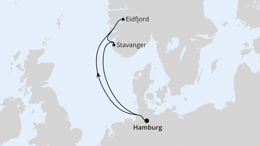 Routenverlauf für Kurzreise nach Norwegen ab Hamburg mit AIDAluna am 16.04.27