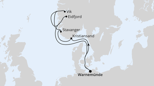 Routenverlauf für Norwegens Fjorde ab Warnemünde mit AIDAluna am 29.08.26