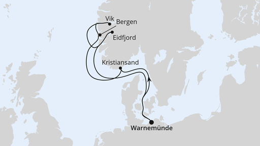 Routenverlauf für Norwegens Fjorde ab Warnemünde mit AIDAluna am 10.10.26