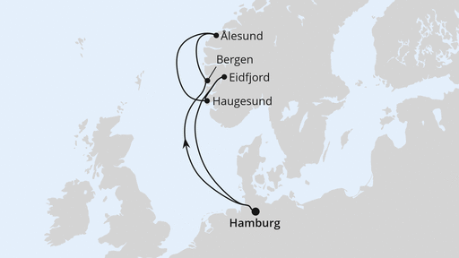 Routenverlauf für Osterreise nach Norwegen ab Hamburg mit AIDAluna am 28.03.27 Routenverlauf für Osterreise nach Norwegen ab Hamburg mit AIDAluna am 28.03.27