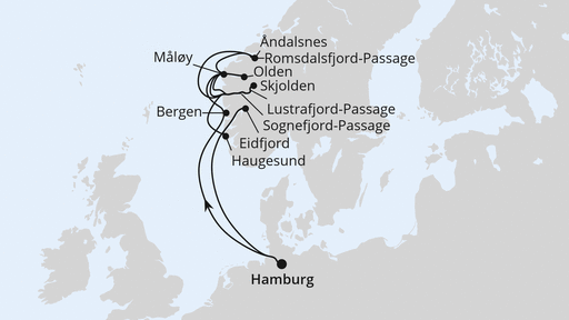 Routenverlauf für Norwegische Fjordlandschaft ab Hamburg 1 mit AIDAluna am 26.04.27 Routenverlauf für Norwegische Fjordlandschaft ab Hamburg 1 mit AIDAluna am 26.04.27