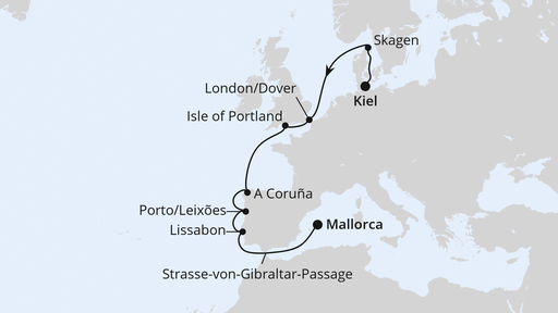 Routenverlauf für Von Kiel nach Mallorca mit AIDAluna am 11.10.25 Routenverlauf für Von Kiel nach Mallorca mit AIDAluna am 11.10.25