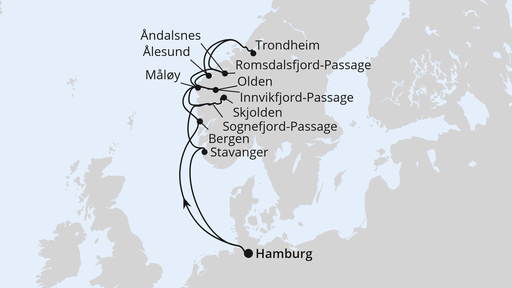 Routenverlauf für Norwegische Fjordlandschaft ab Hamburg 2 mit AIDAluna am 06.05.27