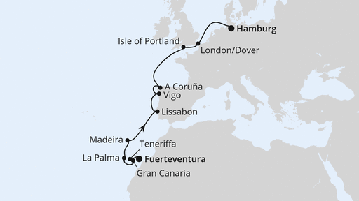 Routenverlauf für Spanien, Portugal & England 1 mit AIDAluna am 27.03.26 Routenverlauf für Spanien, Portugal & England 1 mit AIDAluna am 27.03.26