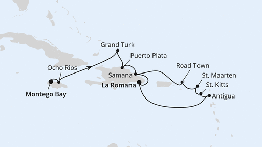 Routenverlauf für Kleine Antillen & Dom. Republik ab Jamaika mit AIDAluna am 05.03.28