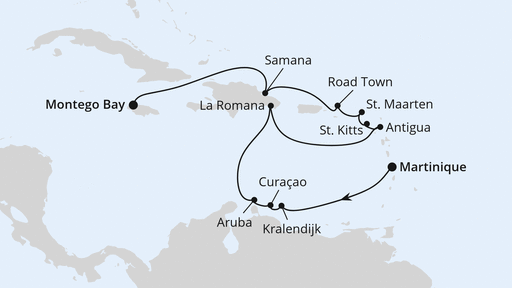 Routenverlauf für Karibische Inseln ab Martinique mit AIDAluna am 01.12.24 Routenverlauf für Karibische Inseln ab Martinique mit AIDAluna am 01.12.24