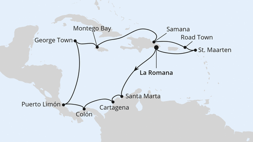 Routenverlauf für Karibik & Mittelamerika ab Dom. Republik 1 mit AIDAluna am 18.12.27