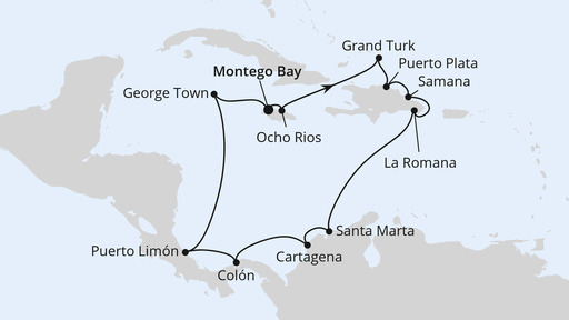 Routenverlauf für Mittelamerika & Dominikanische Republik ab Jamaika mit AIDAluna am 23.01.28