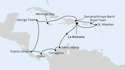 Routenverlauf für Karibik & Mittelamerika ab Dom. Republik 1 mit AIDAluna am 29.01.28