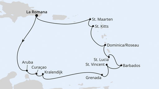 Routenverlauf für Karibische Inseln ab Dominikanische Republik 1 mit AIDAluna am 12.02.28