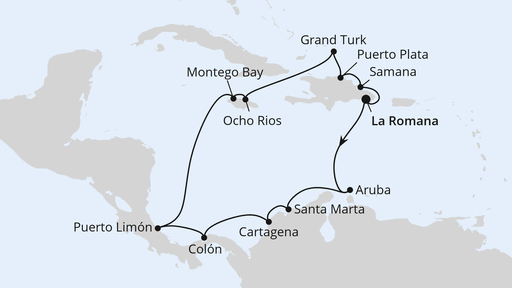 Routenverlauf für Karibik & Mittelamerika ab Dom. Republik 2 mit AIDAluna am 26.02.28