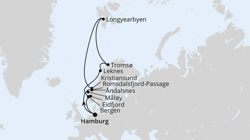 Routenverlauf für Norwegen mit Spitzbergen & Lofoten ab Hamburg mit AIDAluna am 22.06.26