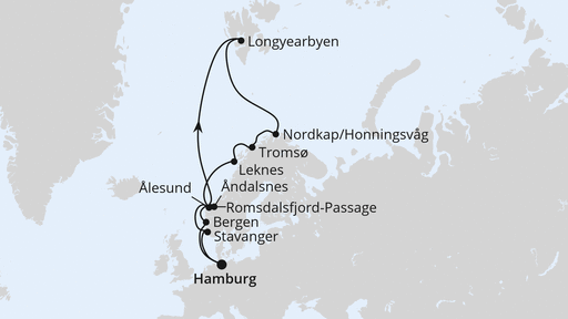 Routenverlauf für Norwegen mit Spitzbergen & Lofoten ab Hamburg mit AIDAluna am 05.07.27