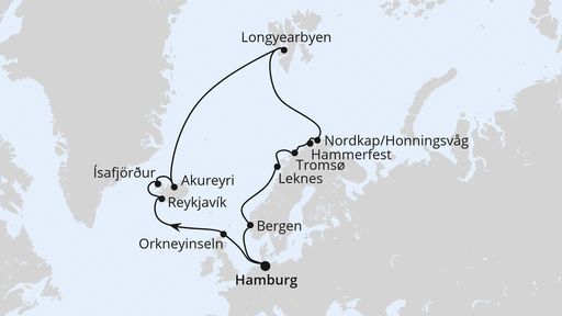 Routenverlauf für Highlights am Polarkreis ab Hamburg mit AIDAluna am 16.06.27 Routenverlauf für Highlights am Polarkreis ab Hamburg mit AIDAluna am 16.06.27