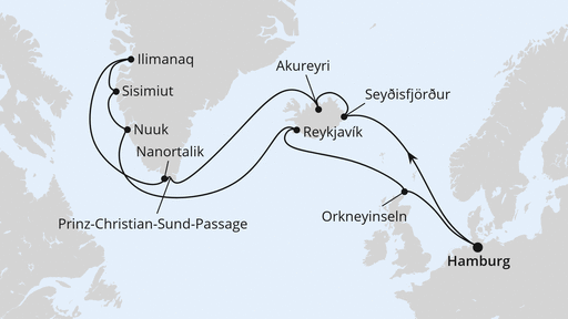 Routenverlauf für Island & Grönland mit AIDAluna am 10.08.25 Routenverlauf für Island & Grönland mit AIDAluna am 10.08.25