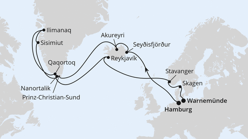 Routenverlauf für Island & Grönland von Hamburg nach Warnemünde mit AIDAluna am 23.08.26