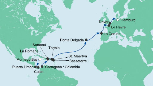 Routenverlauf für Von Jamaika nach Hamburg 4 mit AIDAluna am 08.03.20 Routenverlauf für Von Jamaika nach Hamburg 4 mit AIDAluna am 08.03.20
