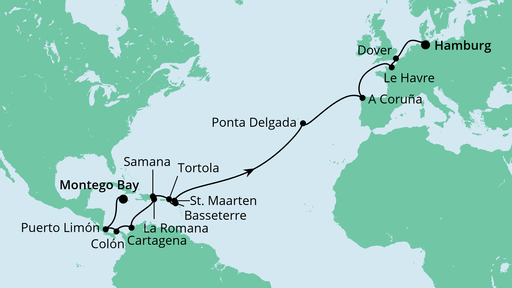 Routenverlauf für Von Jamaika nach Hamburg 1 mit AIDAluna am 07.03.21 Routenverlauf für Von Jamaika nach Hamburg 1 mit AIDAluna am 07.03.21