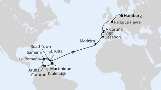 Routenverlauf für Von Martinique nach Hamburg 1 mit AIDAluna am 06.04.25 Routenverlauf für Von Martinique nach Hamburg 1 mit AIDAluna am 06.04.25