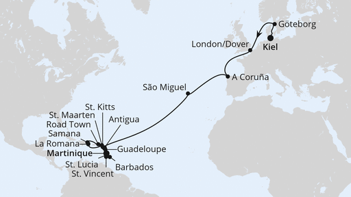 Routenverlauf für Von Kiel nach Martinique mit AIDAluna am 04.11.24 Routenverlauf für Von Kiel nach Martinique mit AIDAluna am 04.11.24