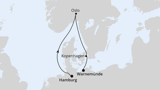 Routenverlauf für Kurzreise nach Oslo & Kopenhagen mit AIDAmar am 10.04.24