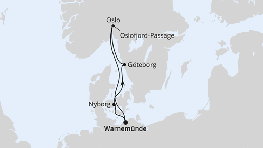 Routenverlauf für Kurzreise nach Skandinavien ab Warnemünde mit AIDAmar am 11.06.26 Routenverlauf für Kurzreise nach Skandinavien ab Warnemünde mit AIDAmar am 11.06.26