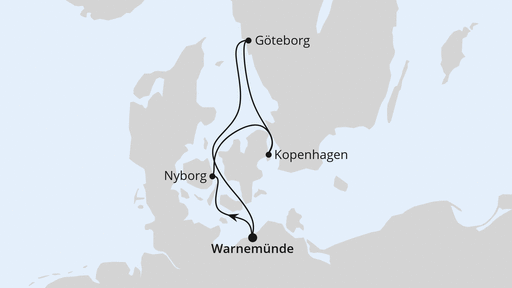 Routenverlauf für Kurzreise nach Skandinavien ab Warnemünde mit AIDAmar am 03.07.26 Routenverlauf für Kurzreise nach Skandinavien ab Warnemünde mit AIDAmar am 03.07.26