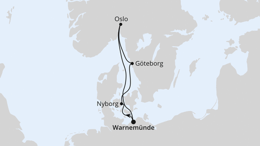 Routenverlauf für Kurzreise nach Skandinavien ab Warnemünde mit AIDAmar am 14.09.26 Routenverlauf für Kurzreise nach Skandinavien ab Warnemünde mit AIDAmar am 14.09.26