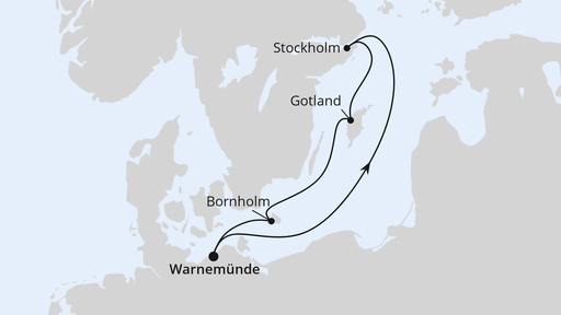 Routenverlauf für Kurzreise nach Schweden ab Warnemünde mit AIDAmar am 19.09.26