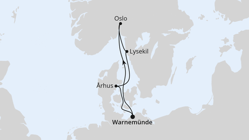 Routenverlauf für Kurzreise nach Skandinavien ab Warnemünde mit AIDAmar am 01.06.27 Routenverlauf für Kurzreise nach Skandinavien ab Warnemünde mit AIDAmar am 01.06.27