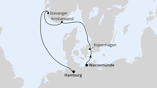 Routenverlauf für Kurzreise nach Norwegen & Dänemark ab Warnemünde mit AIDAmar am 31.10.27