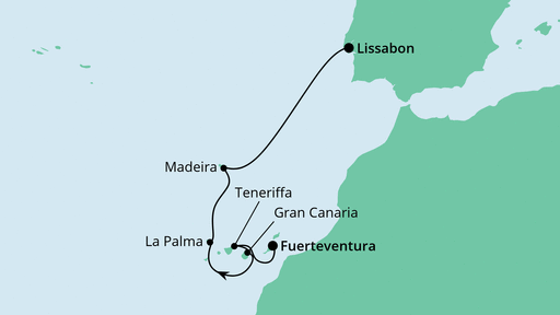 Routenverlauf für Von Fuerteventura nach Lissabon mit AIDAmar am 31.03.23 Routenverlauf für Von Fuerteventura nach Lissabon mit AIDAmar am 31.03.23