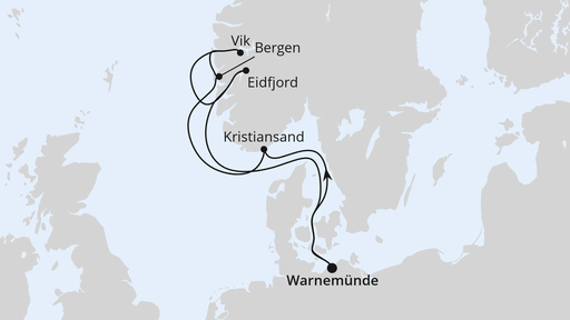 Routenverlauf für Norwegen ab Warnemünde 1 mit AIDAmar am 13.04.25
