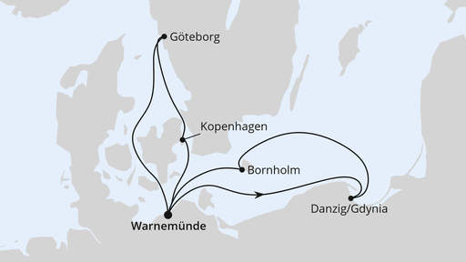 Routenverlauf für Dänemark & Polen ab Warnemünde mit AIDAmar am 27.04.25 Routenverlauf für Dänemark & Polen ab Warnemünde mit AIDAmar am 27.04.25